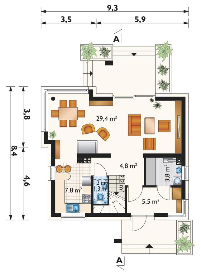 Rzut parteru lustro POW. 54,8 m²