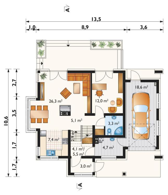 Rzut parteru POW. 88,8 m²