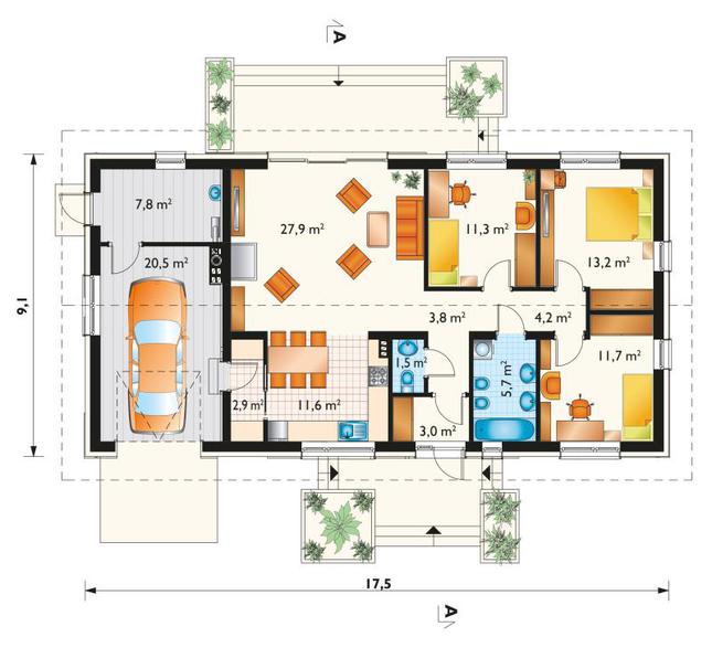 Rzut parteru lustro POW. 125,1 m²