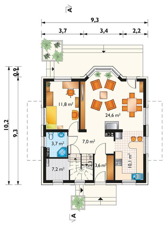 Rzut parteru POW. 70,3 m²