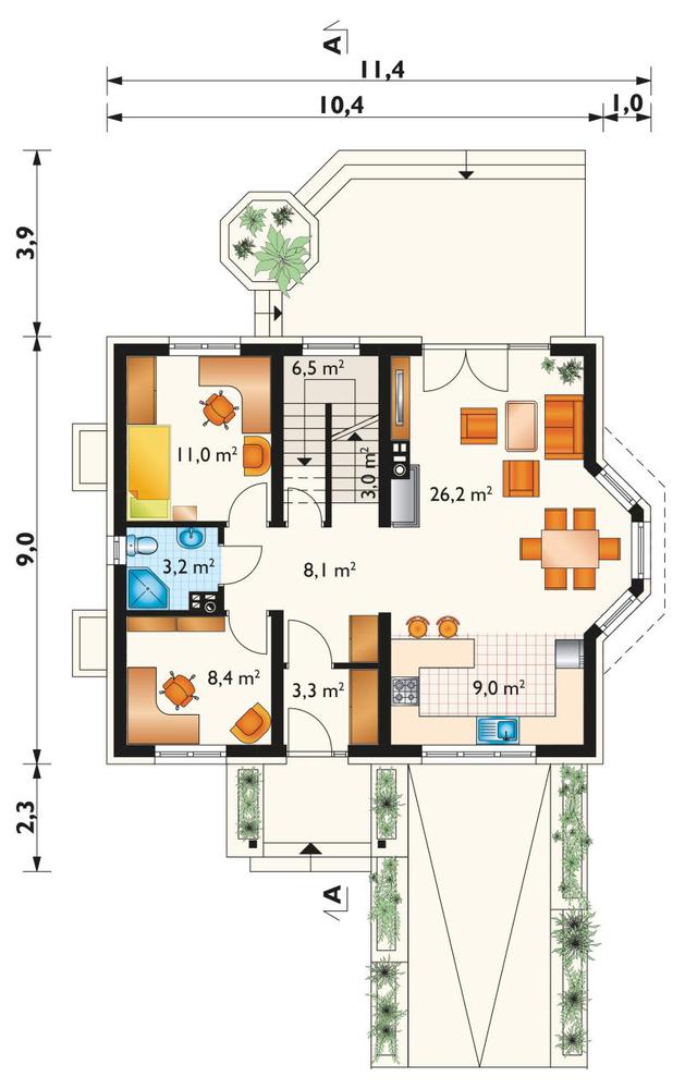 Rzut parteru POW. 74,8 m²