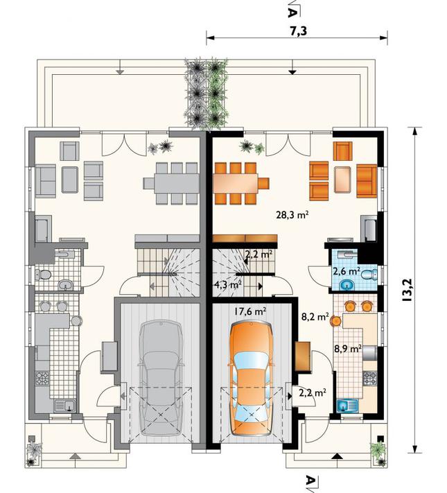Rzut parteru POW. 74,3 m²