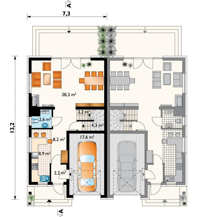 Rzut parteru lustro POW. 74,3 m²