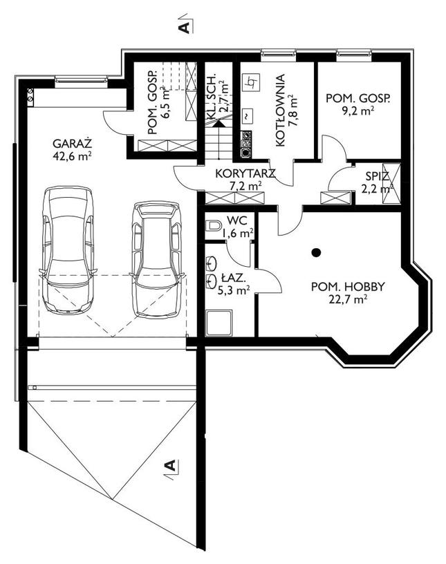 Rzut piwnicy POW. 107,9 m²
