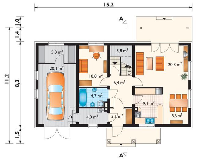 Rzut parteru POW. 101,8 m²