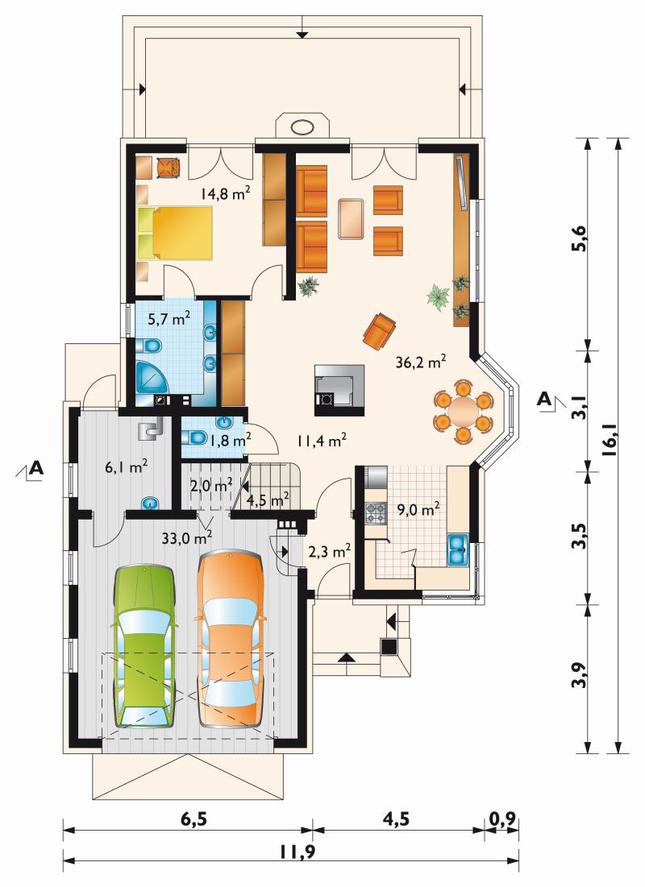 Rzut parteru POW. 126,8 m²