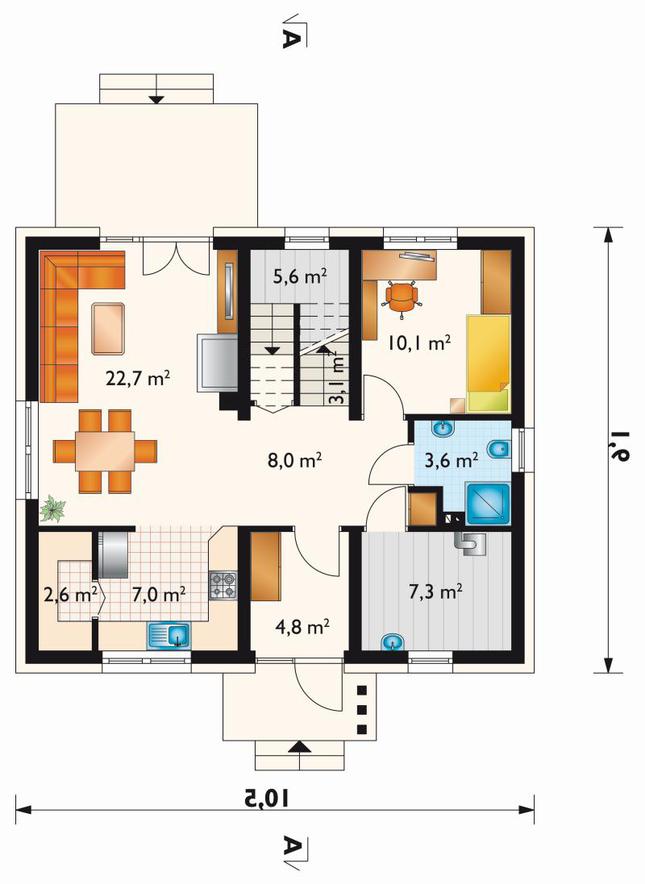 Rzut parteru lustro POW. 74,8 m²