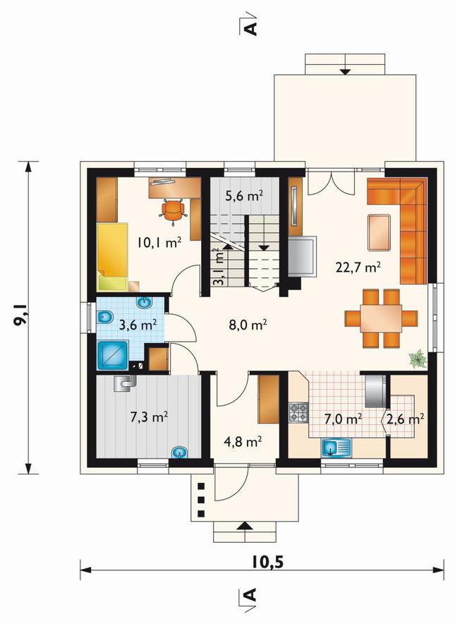 Rzut parteru POW. 74,8 m²