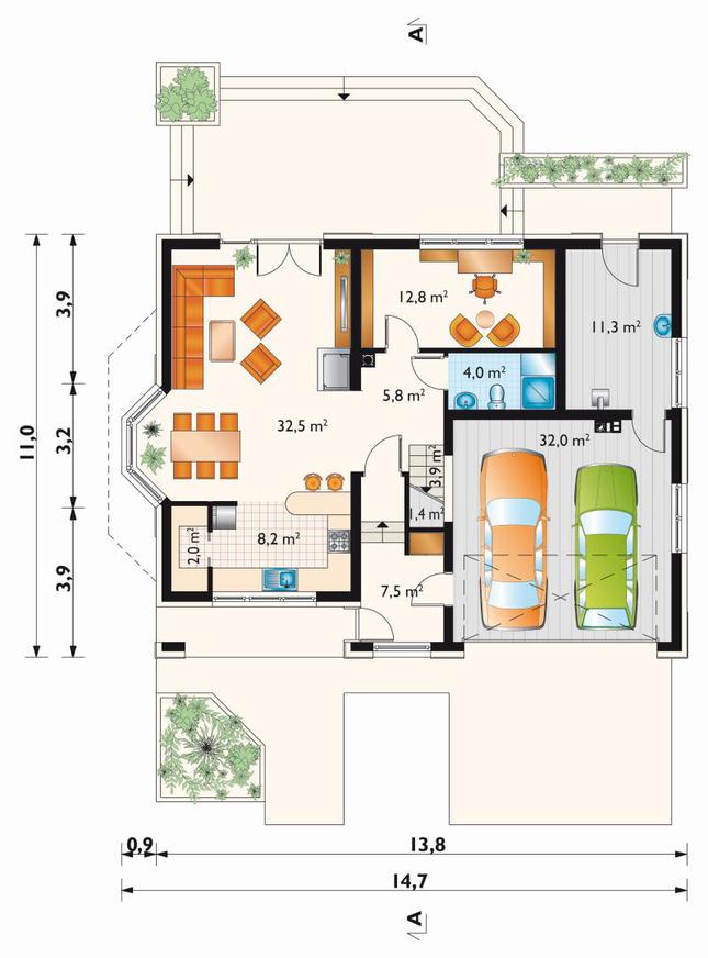 Rzut parteru POW. 121,4 m²