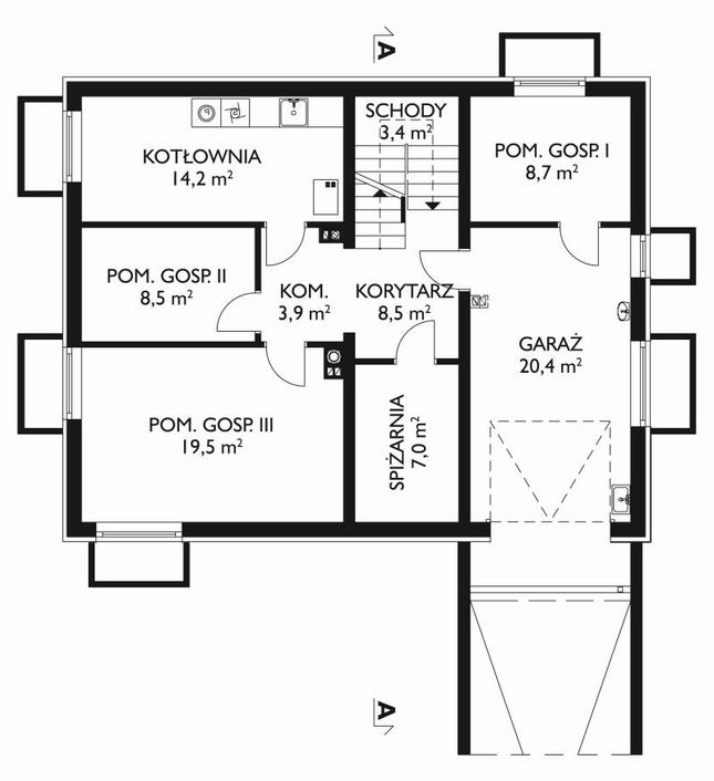 Rzut piwnicy lustro POW. 94,1 m²