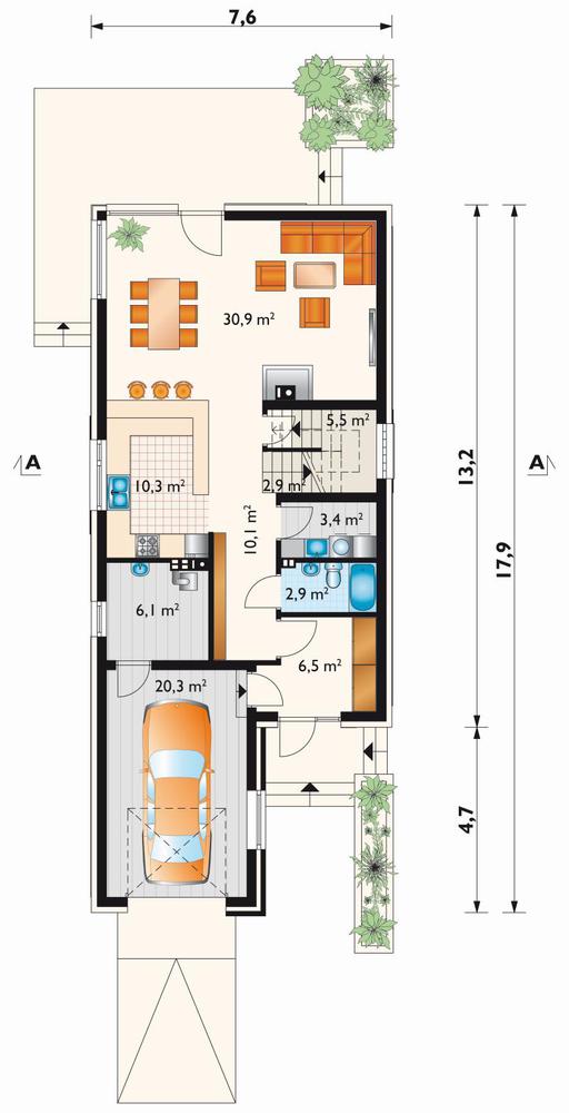 Rzut parteru POW. 98,9 m²