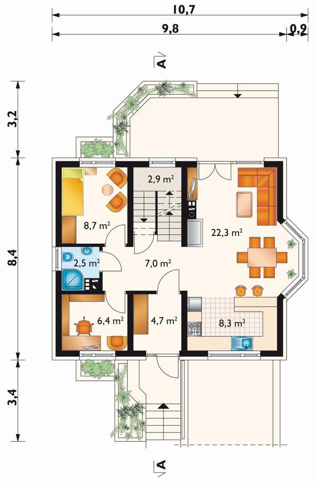 Rzut parteru POW. 62,8 m²