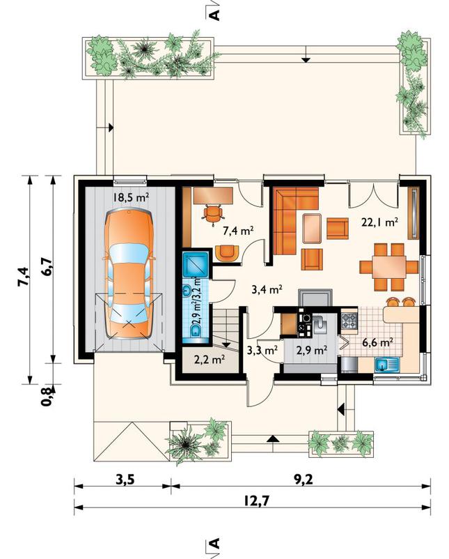 Rzut parteru POW. 69,7 m²