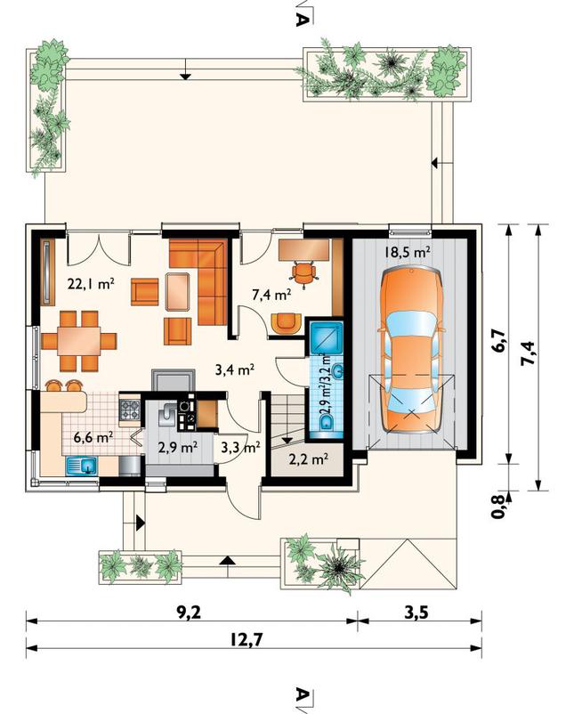 Rzut parteru lustro POW. 69,7 m²
