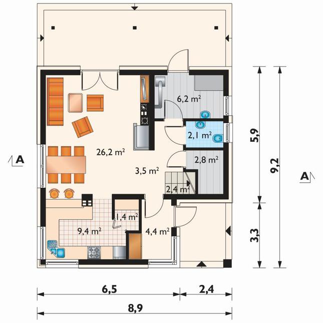 Rzut parteru POW. 58,4 m²