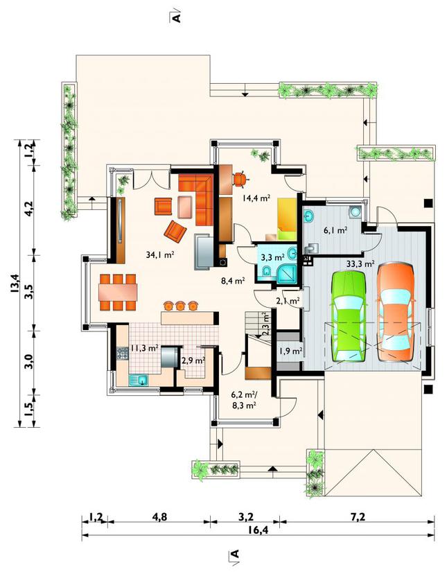 Rzut parteru POW. 128,4 m²