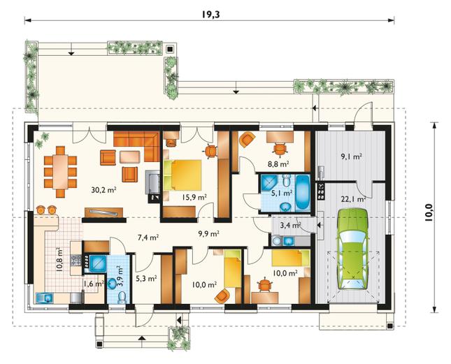 Rzut parteru POW. 153,5 m²