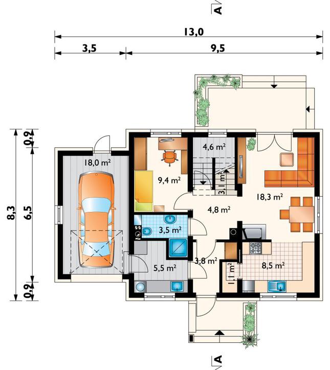 Rzut parteru POW. 80,7 m²