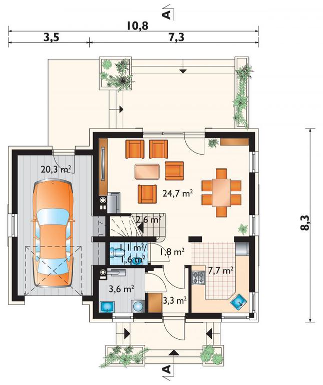 Rzut parteru POW. 65,1 m²