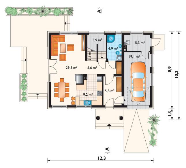 Rzut parteru POW. 88,8 m²