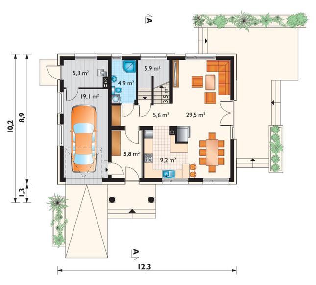 Rzut parteru lustro POW. 88,8 m²