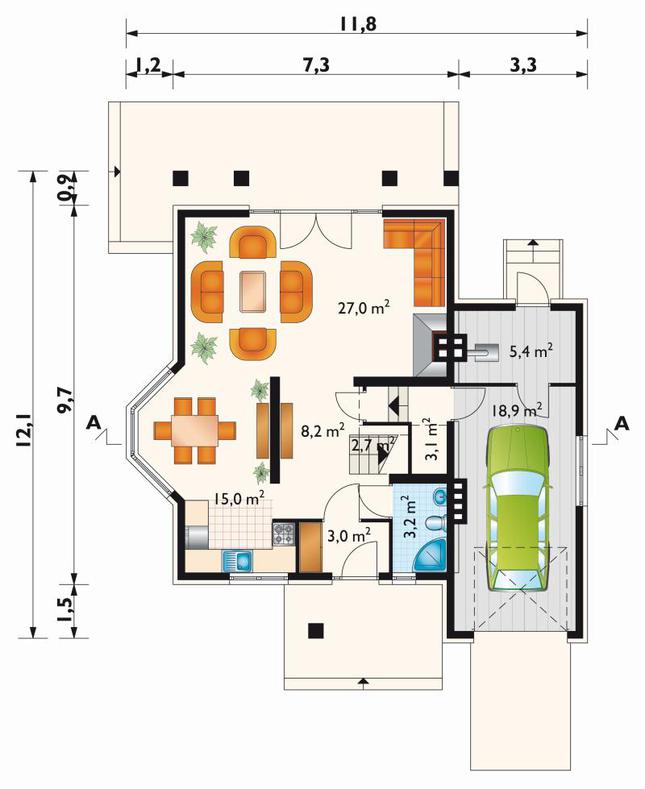 Rzut parteru POW. 86,5 m²