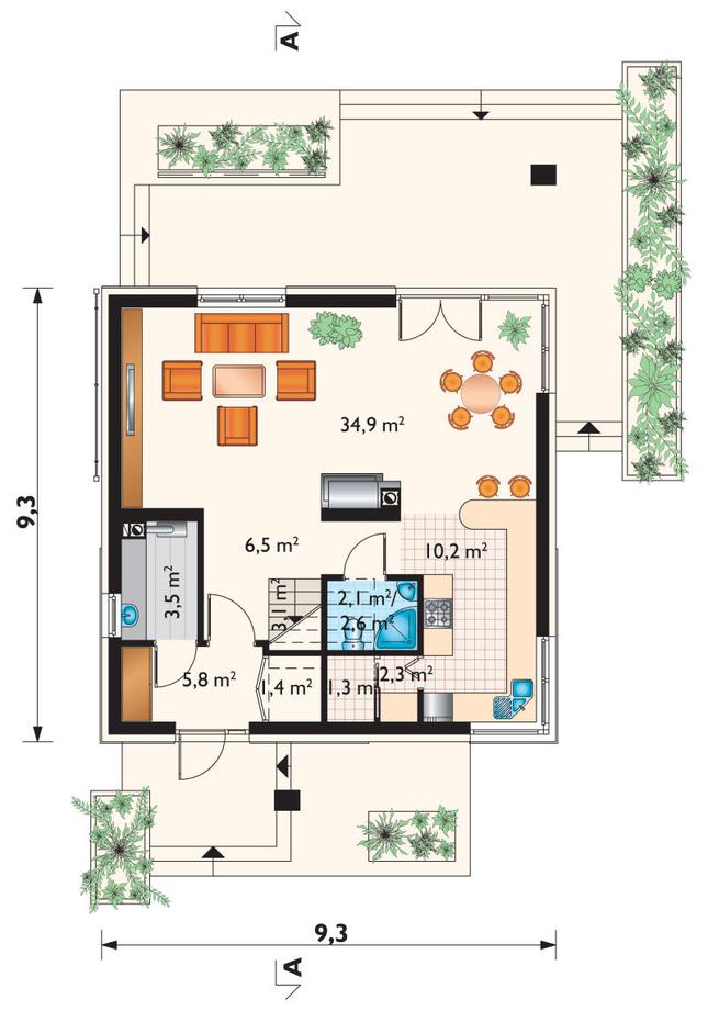 Rzut parteru POW. 68,9 m²