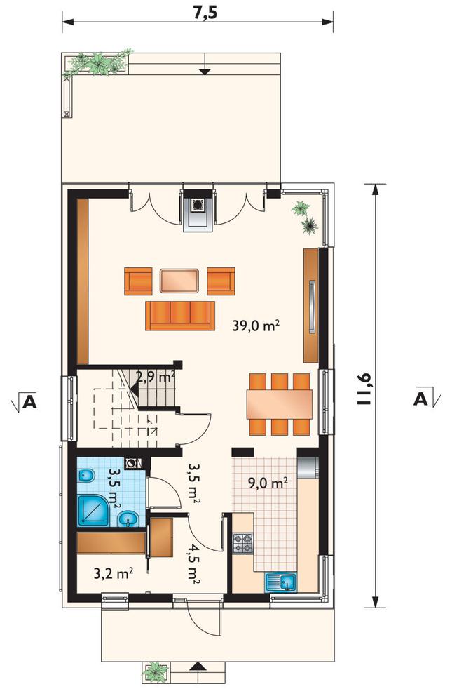 Rzut parteru POW. 65,6 m²