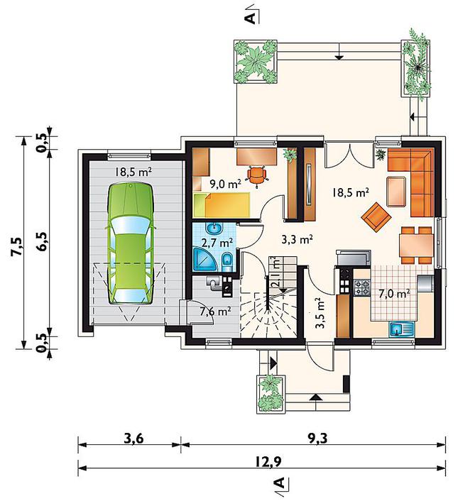 Rzut parteru POW. 72,2 m²