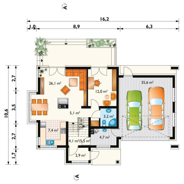 Rzut parteru POW. 105,3 m²