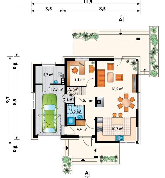 Rzut parteru POW. 85,4 m²