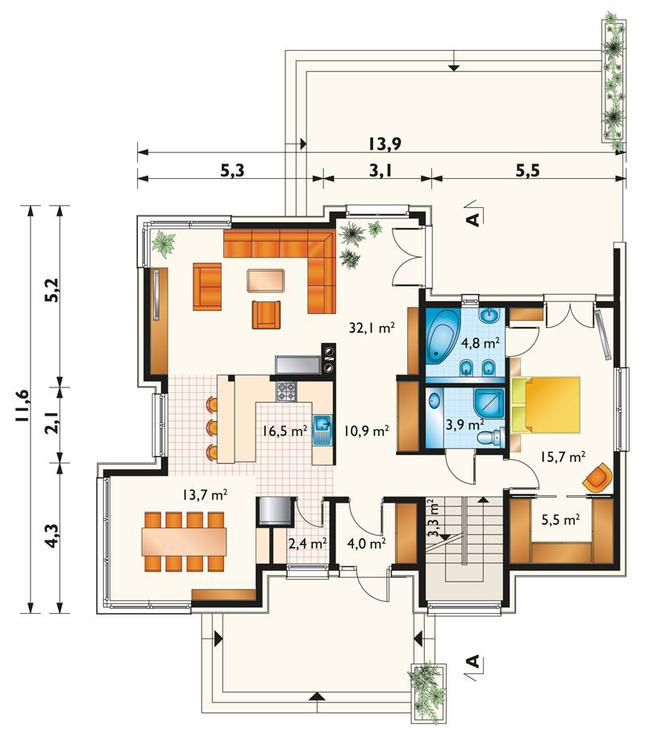 Rzut parteru POW. 112,8 m²