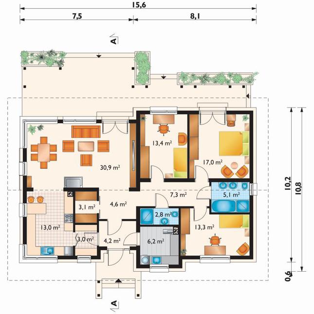 Rzut parteru POW. 123,9 m²