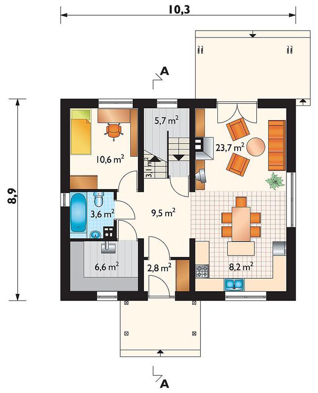 Rzut parteru POW. 73,8 m²