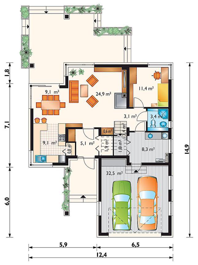 Rzut parteru POW. 115,4 m²