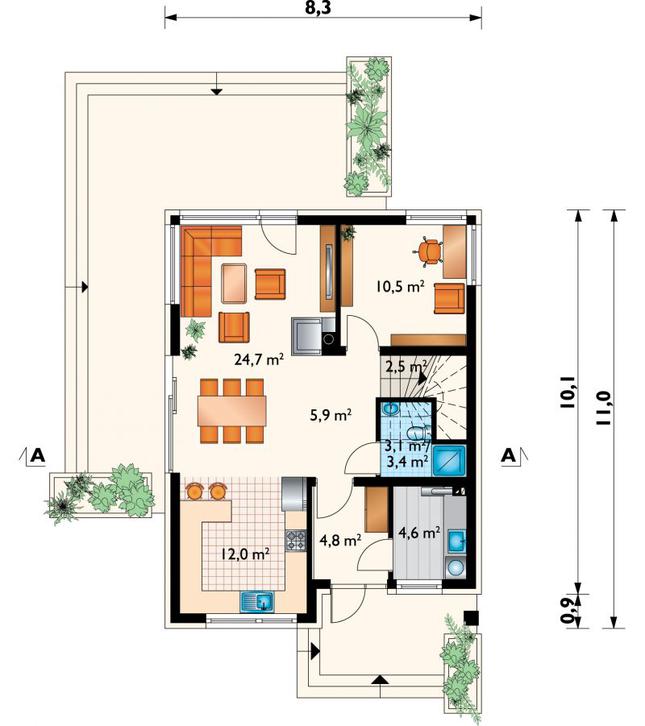 Rzut parteru POW. 68,4 m²