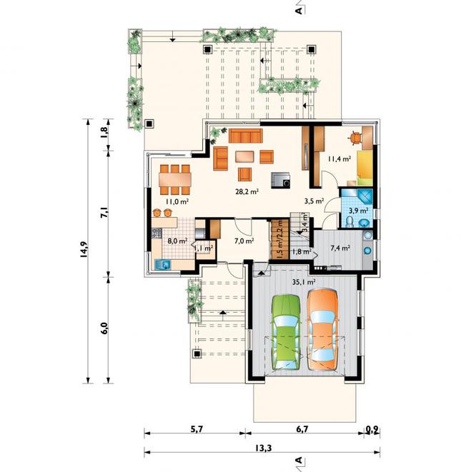 Rzut parteru POW. 124,0 m²