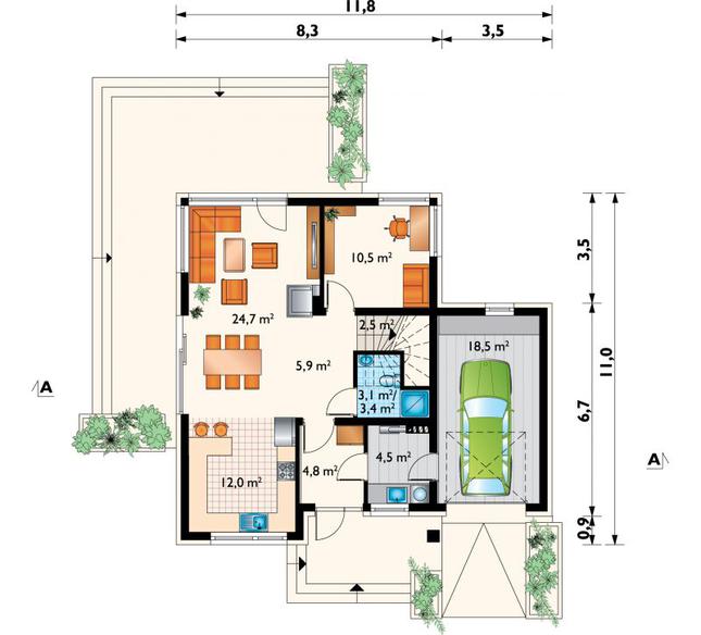 Rzut parteru POW. 86,8 m²