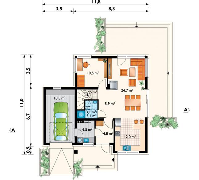 Rzut parteru lustro POW. 86,8 m²