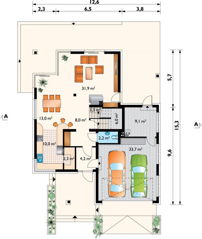 Rzut parteru lustro POW. 123,7 m²