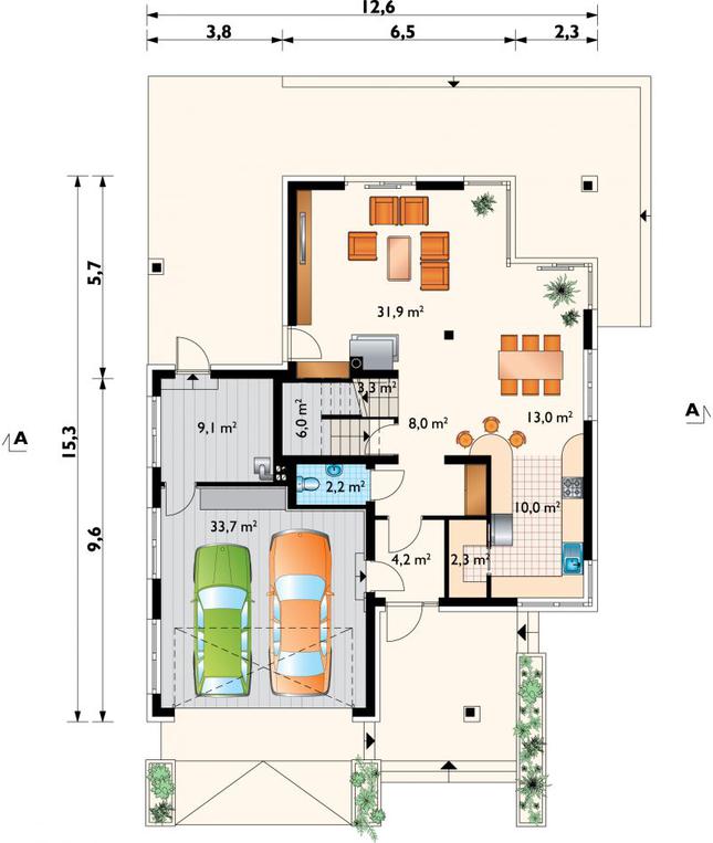 Rzut parteru POW. 123,7 m²