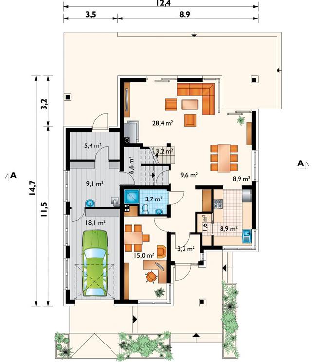 Rzut parteru POW. 121,7 m²