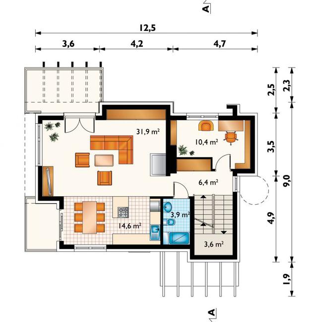 Rzut parteru POW. 70,7 m²