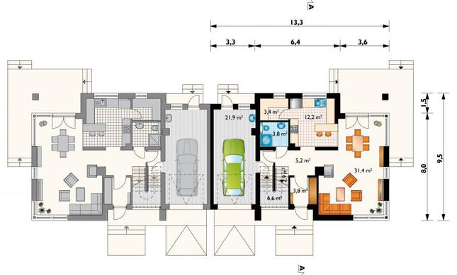 Rzut parteru POW. 91,2 m²