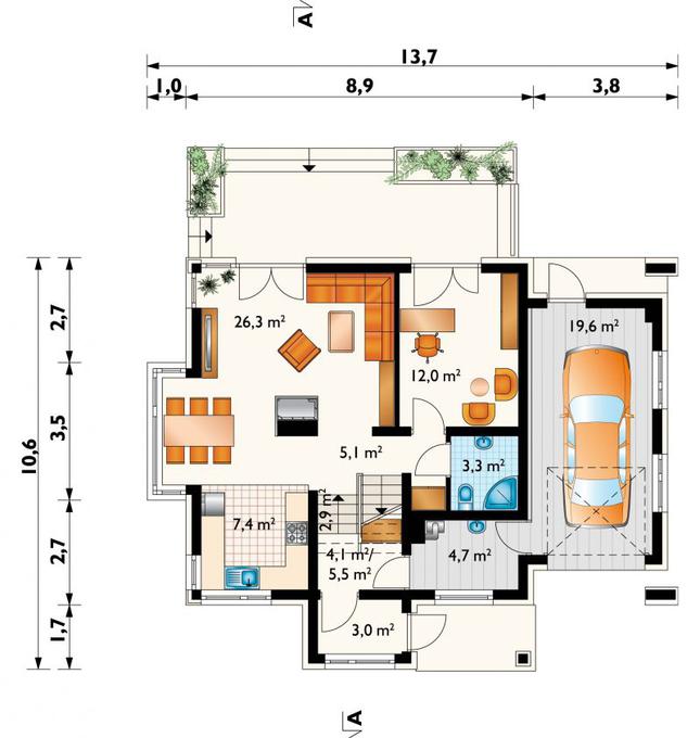 Rzut parteru POW. 89,8 m²