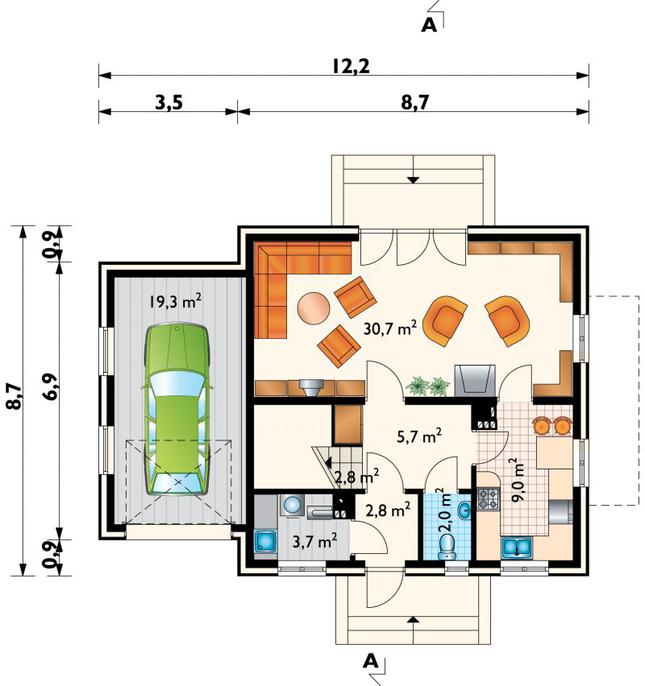 Rzut parteru POW. 76,0 m²