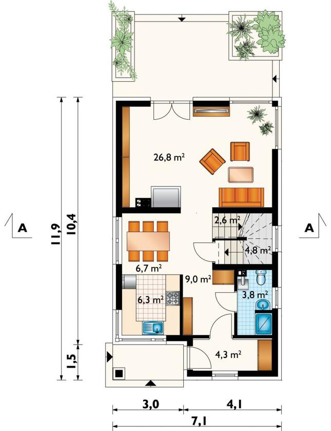 Rzut parteru POW. 64,2 m²