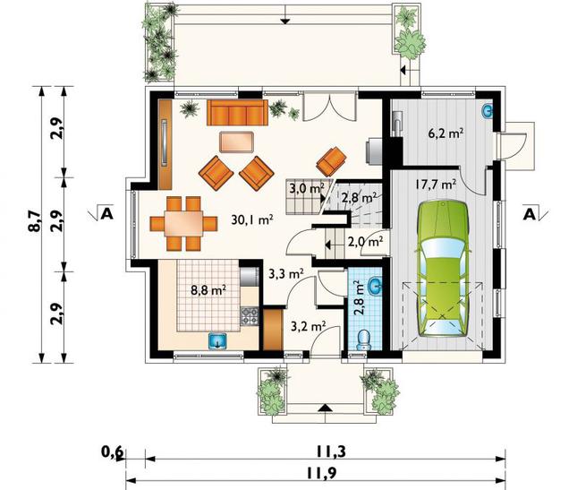 Rzut parteru POW. 79,8 m²