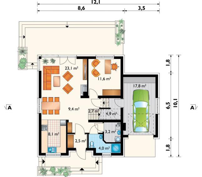 Rzut parteru lustro POW. 87,3 m²