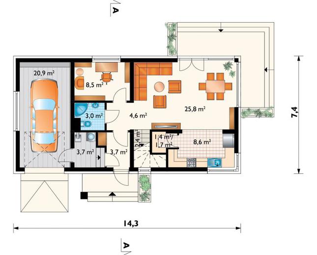 Rzut parteru POW. 82,9 m²